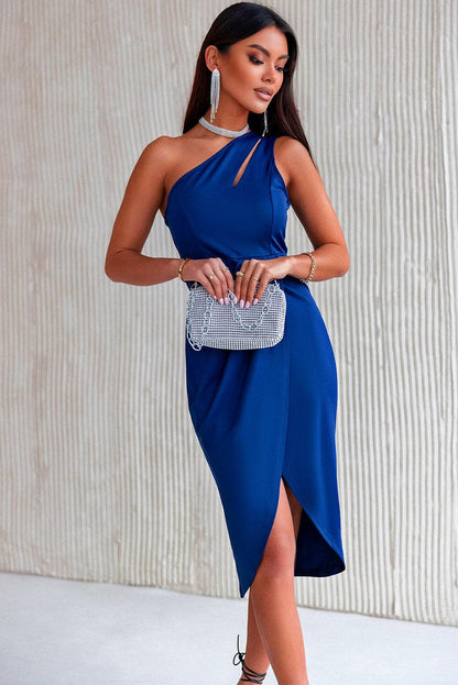 Ruched Cutout Single Shoulder Dress.