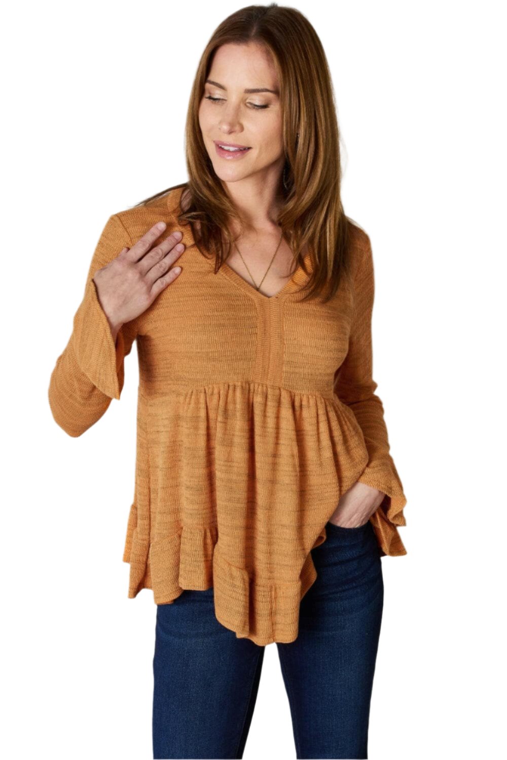 Hailey & Co Full Size V-Neck Flounce Sleeve Blouse.