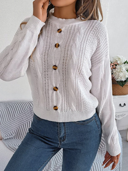 Cable-Knit Buttoned Round Neck Sweater.