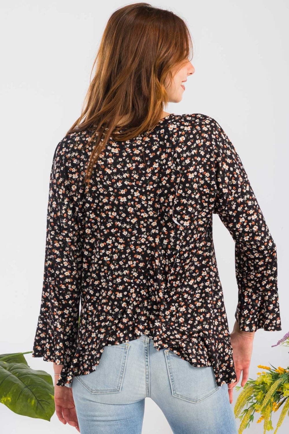 Celeste Full Size Floral Ruffle Detail Top.