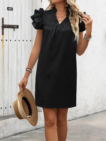 Ruffled Notched Cap Sleeve Mini Dress.