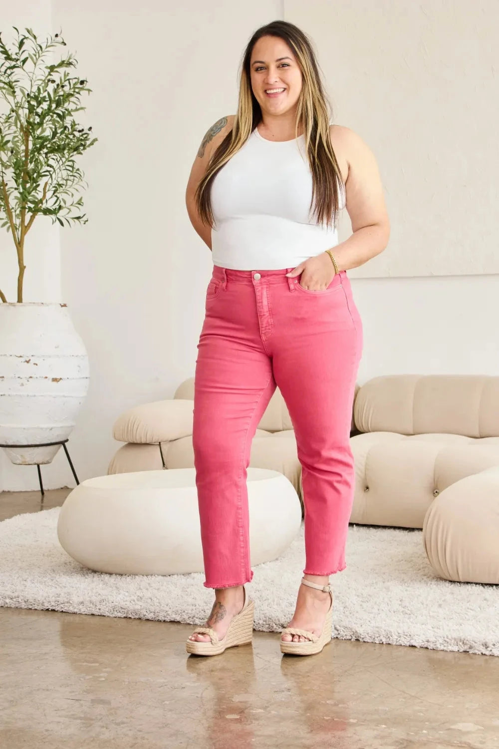 RFM Crop Dylan Full Size Tummy Control High Waist Raw Hem Jeans Coco’s Tee Boutique