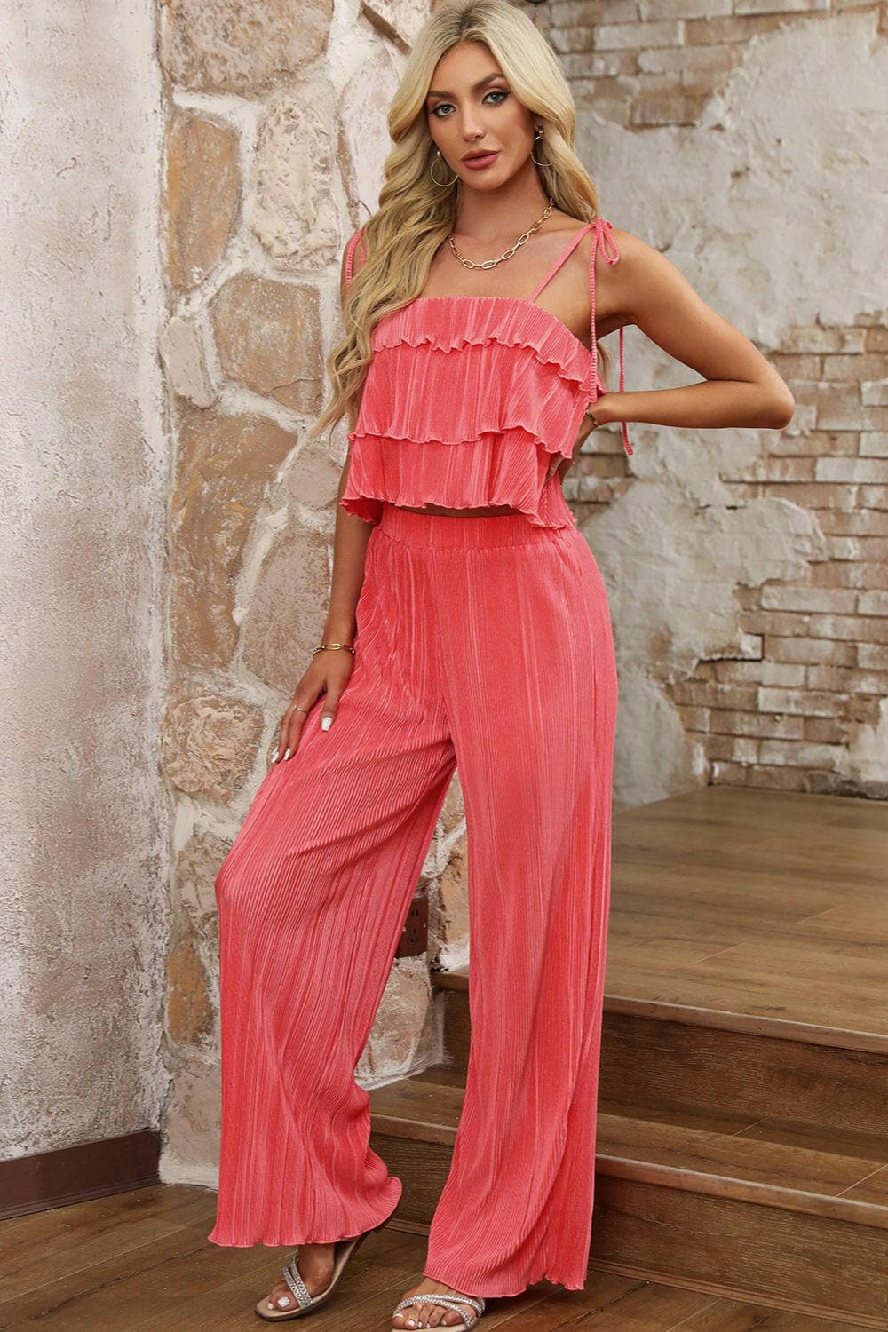 Layered Tie Shoulder Top and Wide Leg Pants Set.