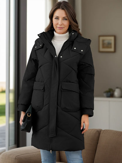 Long Sleeve Longline Hooded Winter Coat with Pockets