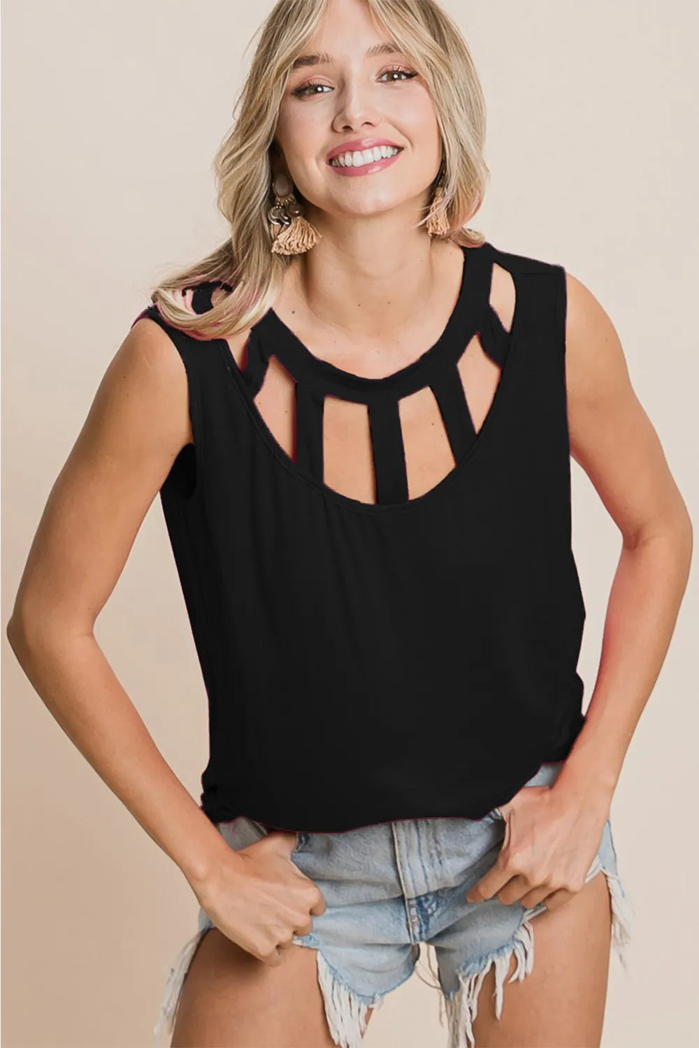 BiBi Cutout Round Neck Sleeveless Top - Love Salve 