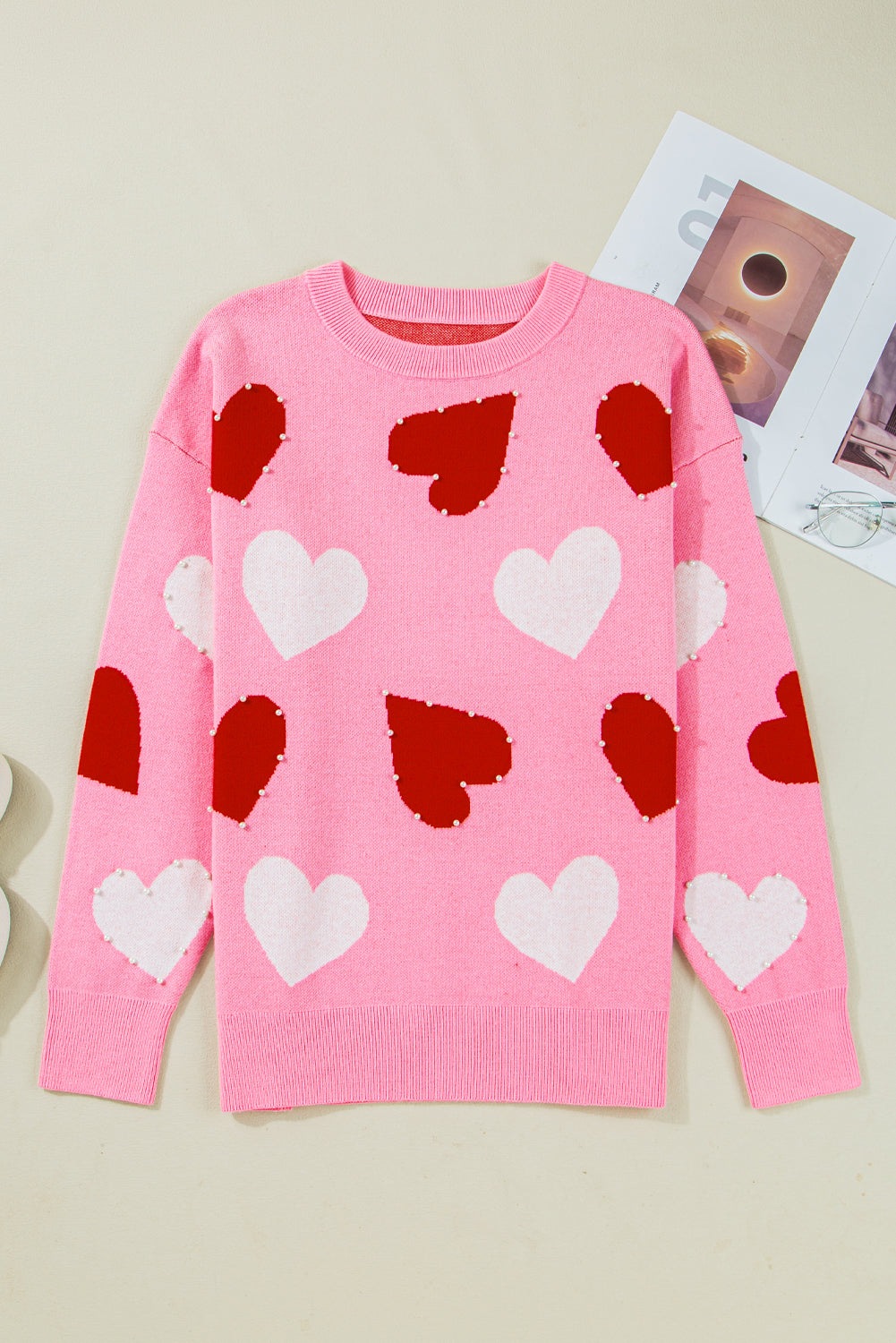 Pink Pearl Embellished Heart Pattern Valentines Day Sweater Dear-Lover Dropshipping