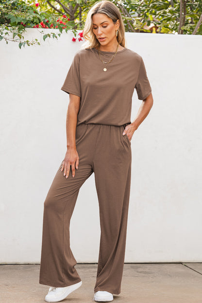 Chic smoke gray two-piece set with wide-leg pants and tee