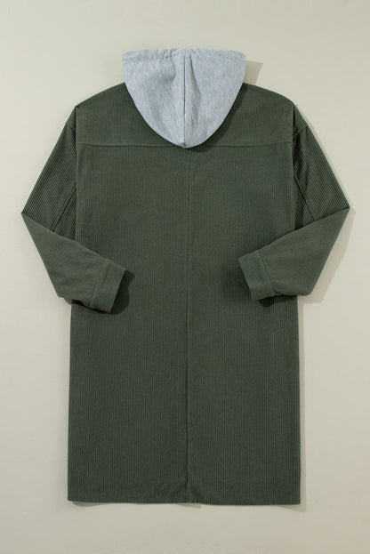 Jungle Green Corduroy Hooded Shacket with Contrast Details