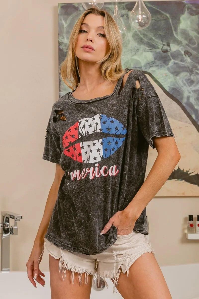BiBi Laser Cut Mineral Washed Old Glory Lip Print Top - Love Salve 