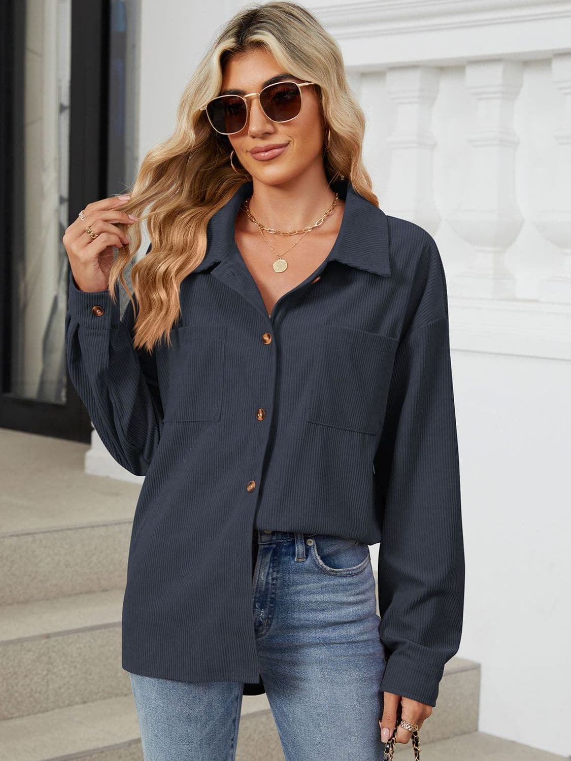 Chic Buttoned Long Sleeve Jacket with Dropped Shoulders