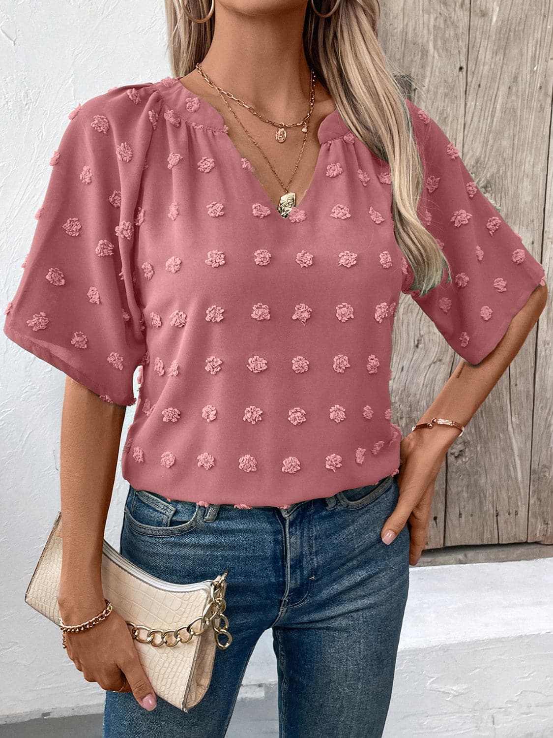 Swiss Dot Notched Half Sleeve Blouse.