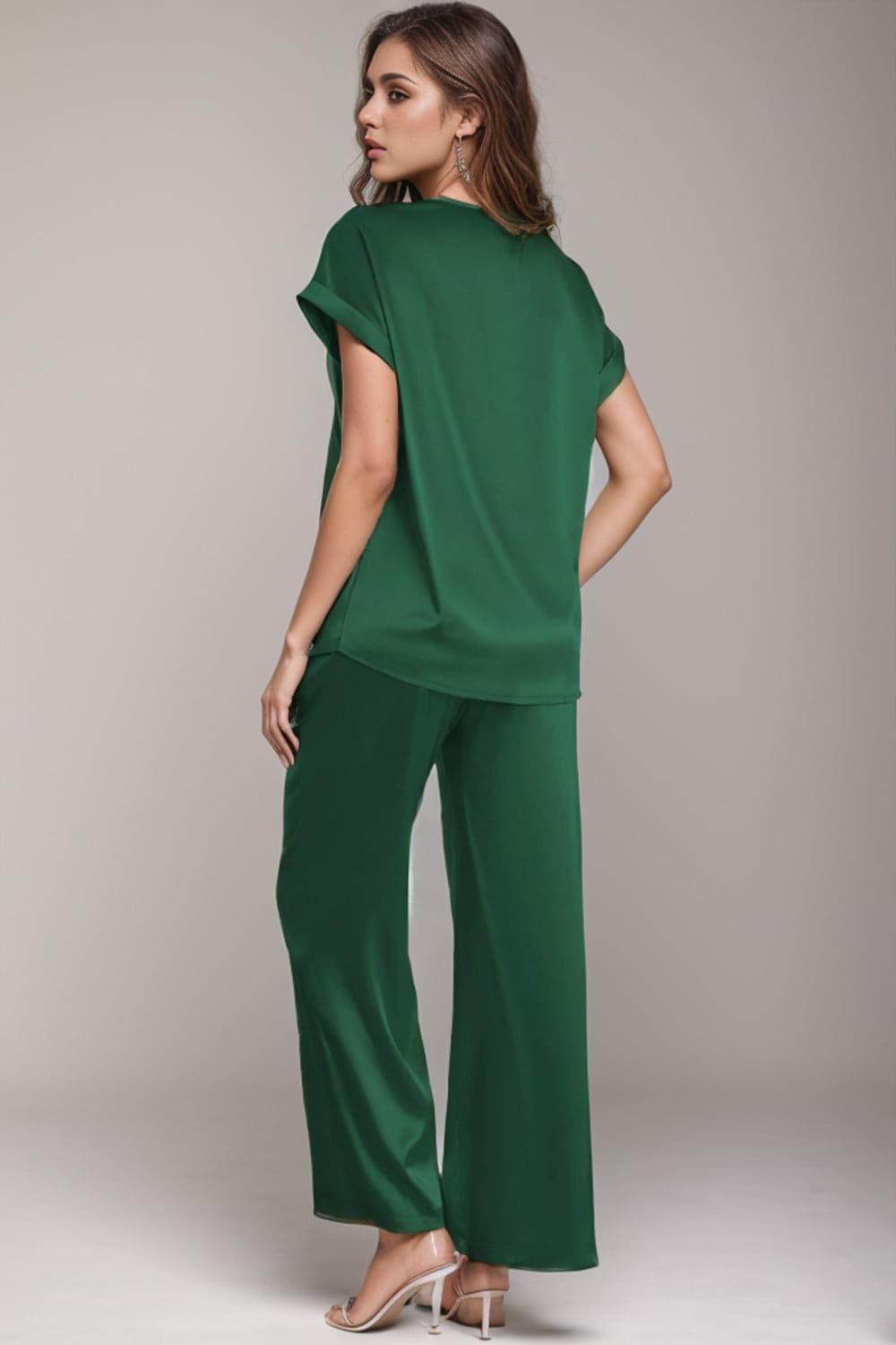 V-Neck Short Sleeve Top and Pants Set.