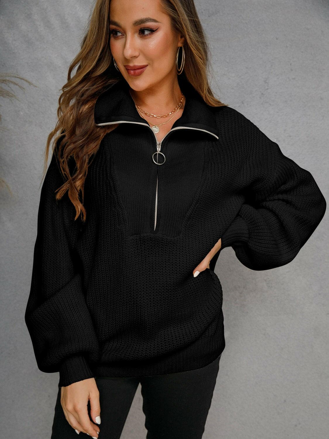 Half Zip Dropped Shoulder Sweater.