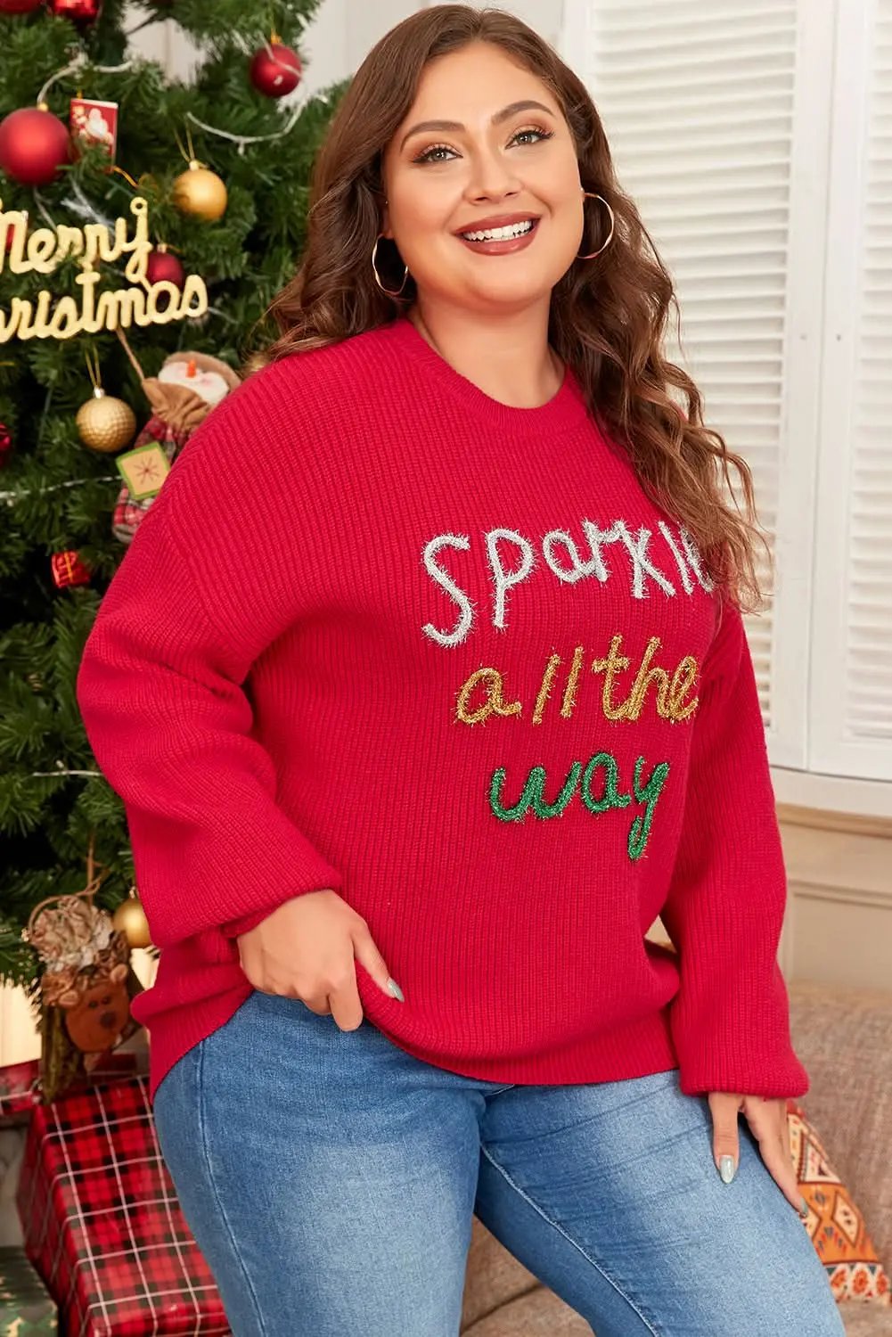 Racing red tinsel plus size sweater - Love Salve 