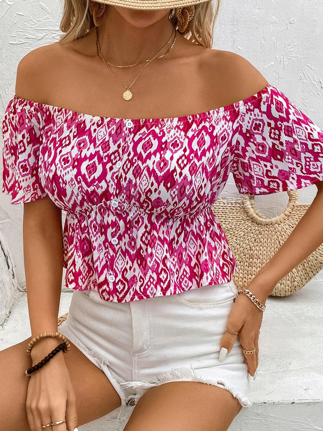 Peplum Printed Off-Shoulder Short Sleeve Blouse.