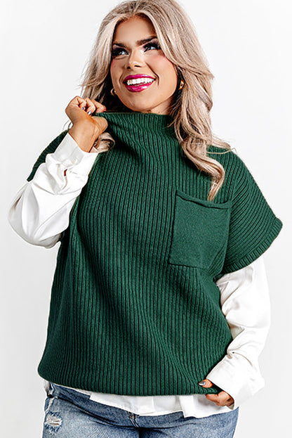 Cozy jungle green plus size mock neck sweater with chest pocket