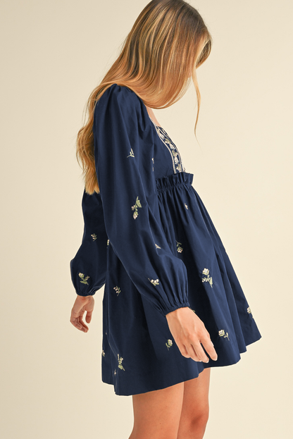 Embroidered Blue Floral Mini Dress with Puff Sleeves and Ruffled Hem