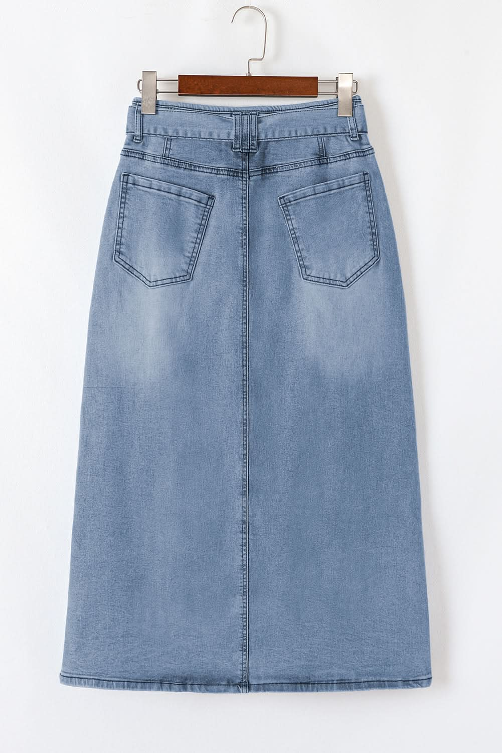 Dusk Blue High-Waisted Belted Midi Denim Skirt with Split Detail