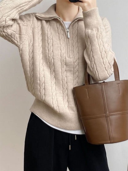 Cozy cable-knit half zip sweater with moderate stretch