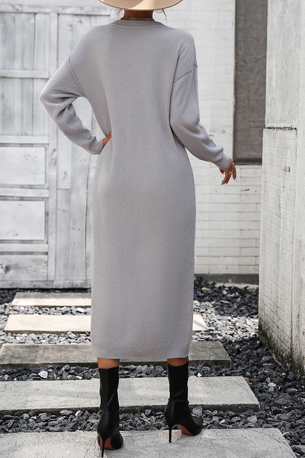 Decorative Button Notched Dropped Shoulder Sweater Dress.