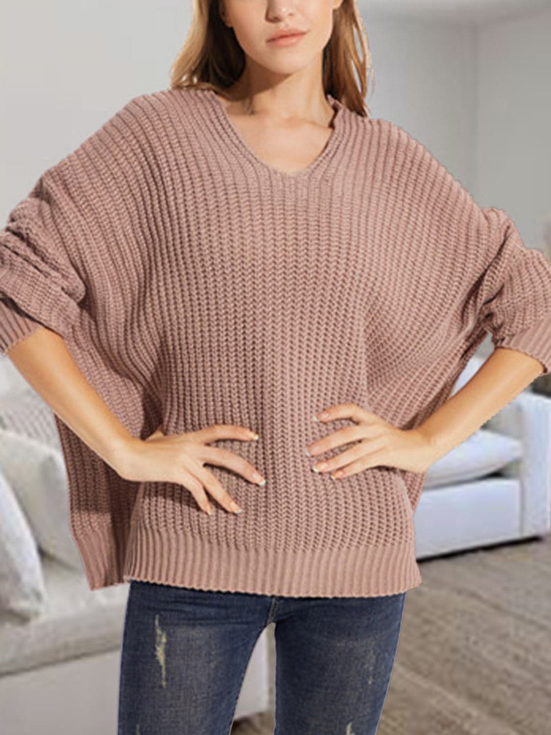 V-Neck Batwing Dropped Shoulder Sweater.