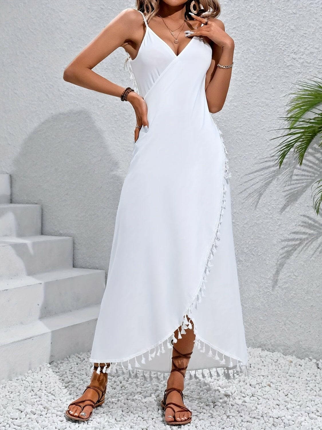 Backless Tassel Surplice Spaghetti Strap Cover Up Dress.