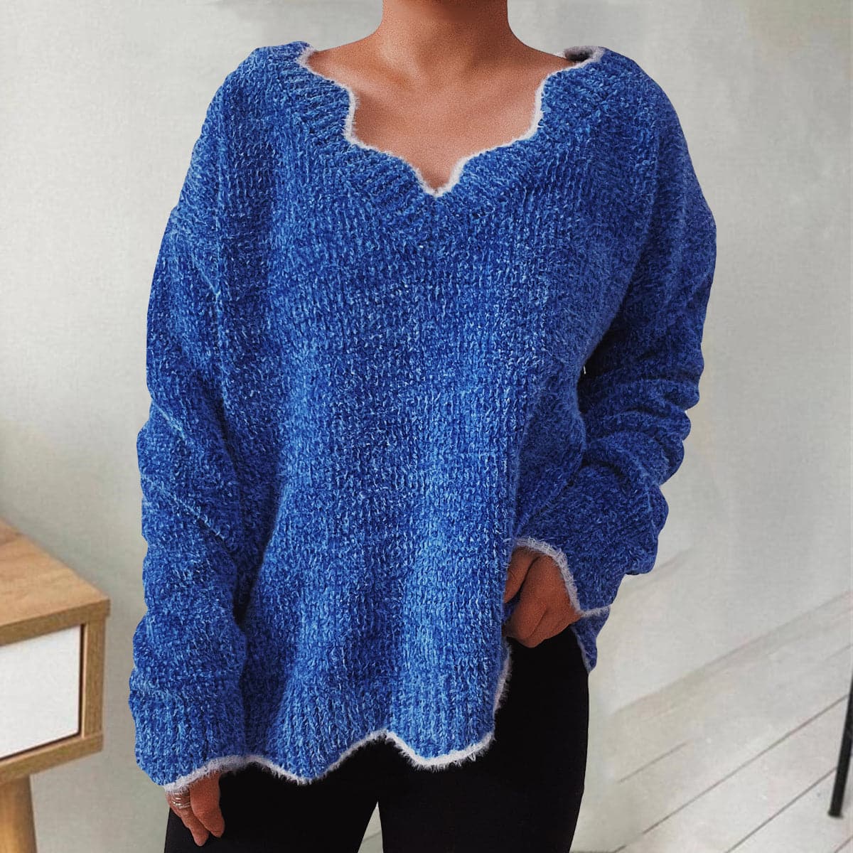 V-Neck Drop Shoulder Long Sleeve Sweater.