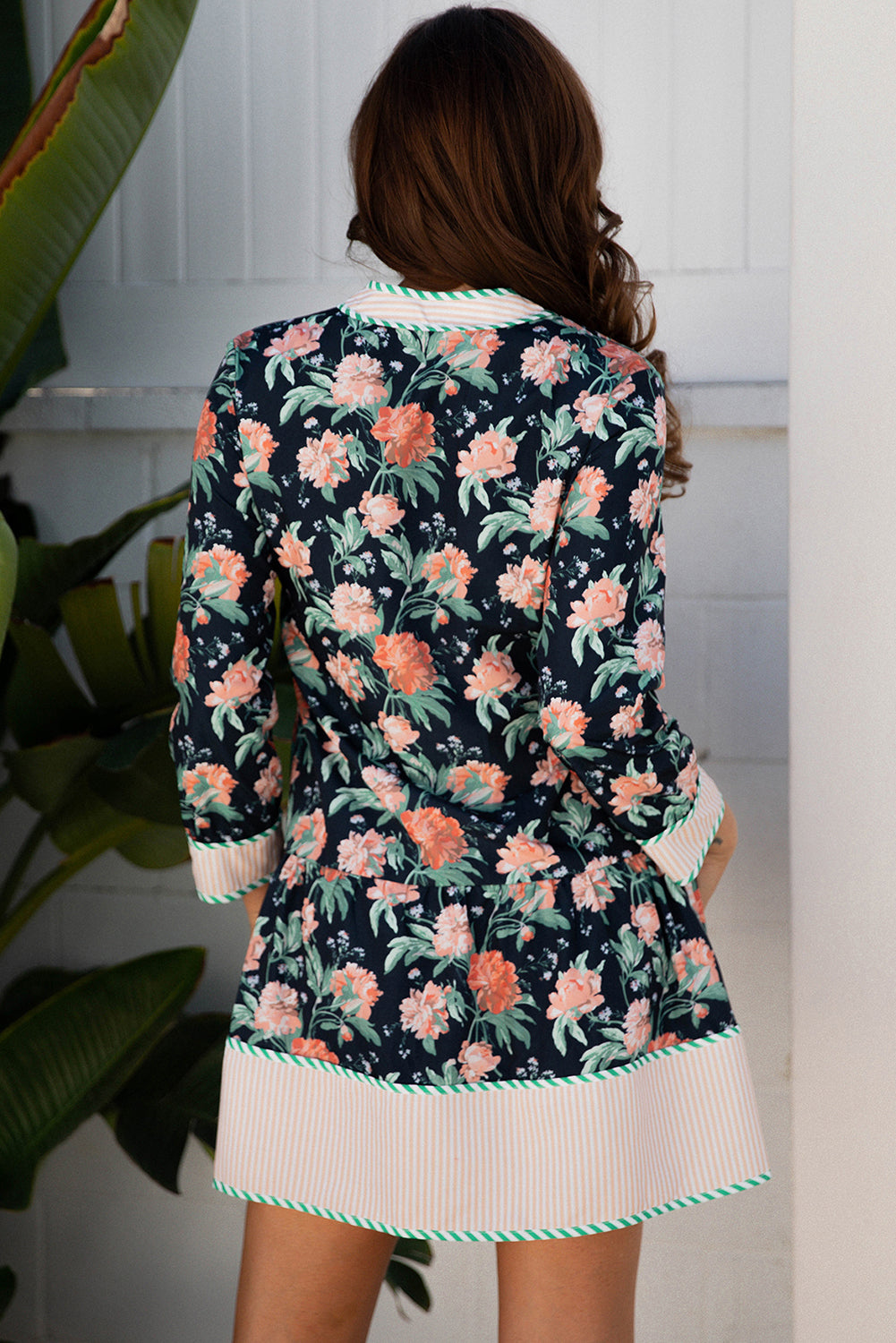 Blue Floral Print Striped Trim V Neck Long Sleeve Shift Mini Dress Ruffle Hem Dear-Lover Dropshipping