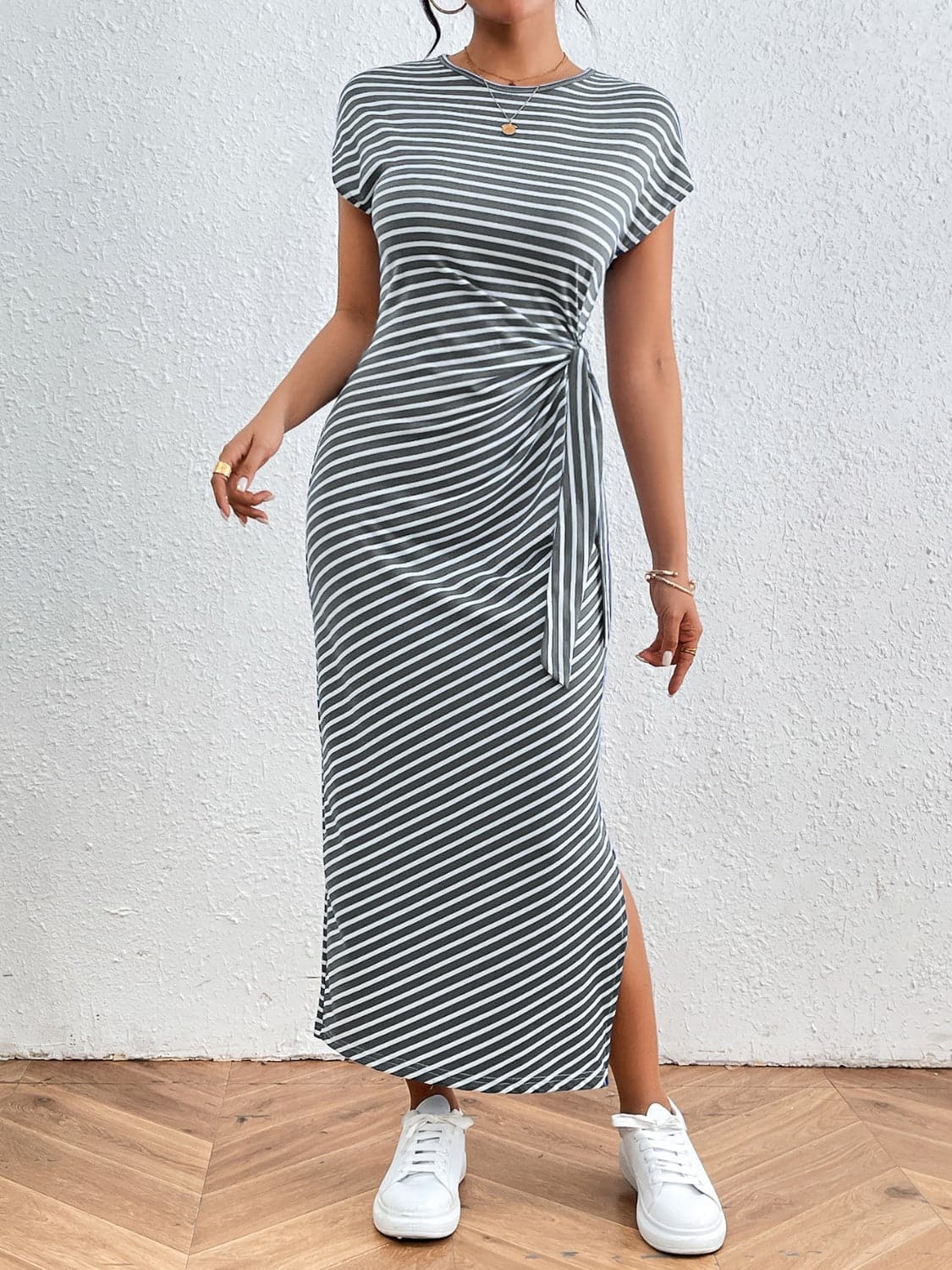 Tied Striped Round Neck Short Sleeve Tee Dress.