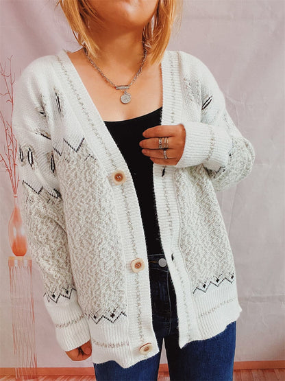 Geometric Button Front Long Sleeve Cardigan.