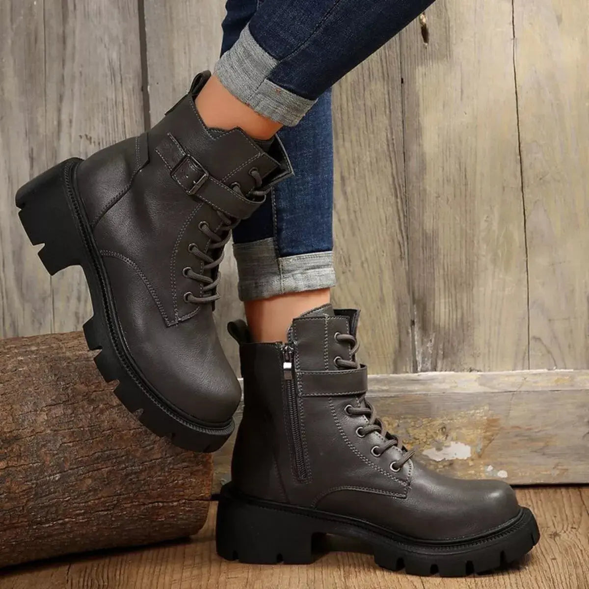 Lace-Up Buckle Accent Block Heel Boots Simply Love