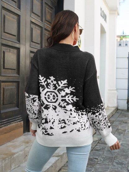 Snowflake Pattern Mock Neck Sweater.