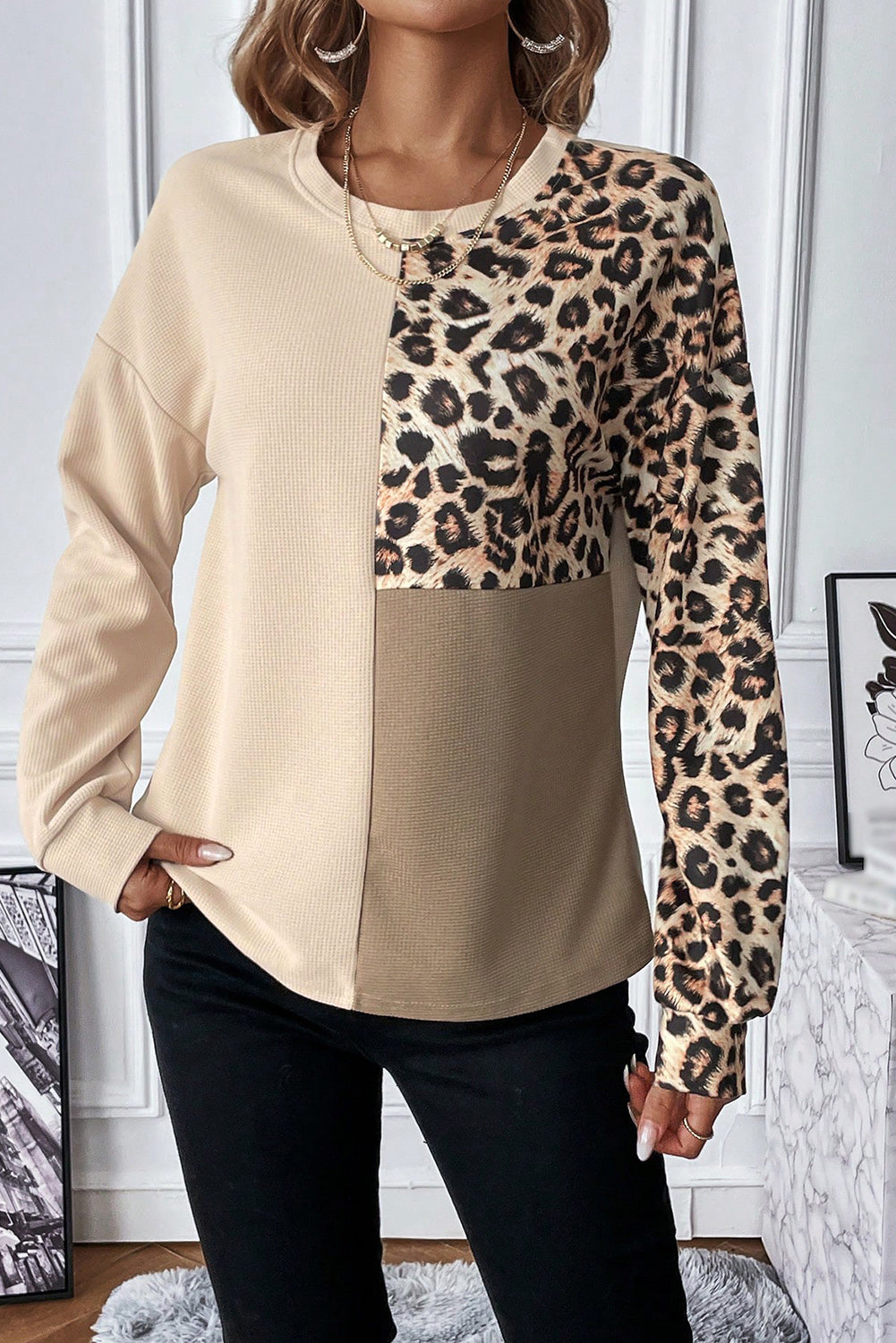 Chic pale khaki leopard colorblock waffle knit top with patch pocket