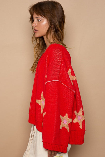 V-neck star patch sweater for women