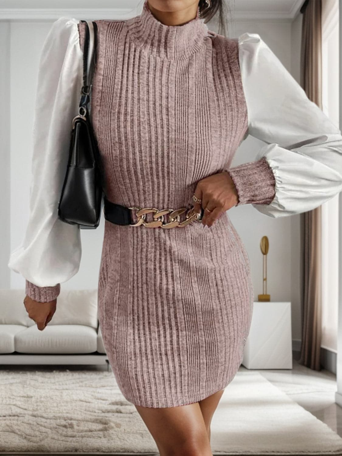 Ribbed Contrast Long Sleeve Sweater Dress.