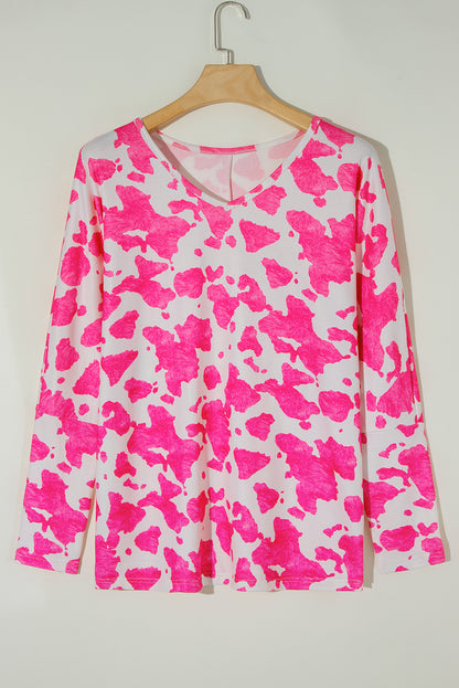 Rose leopard print plus size long sleeve top with V-neck