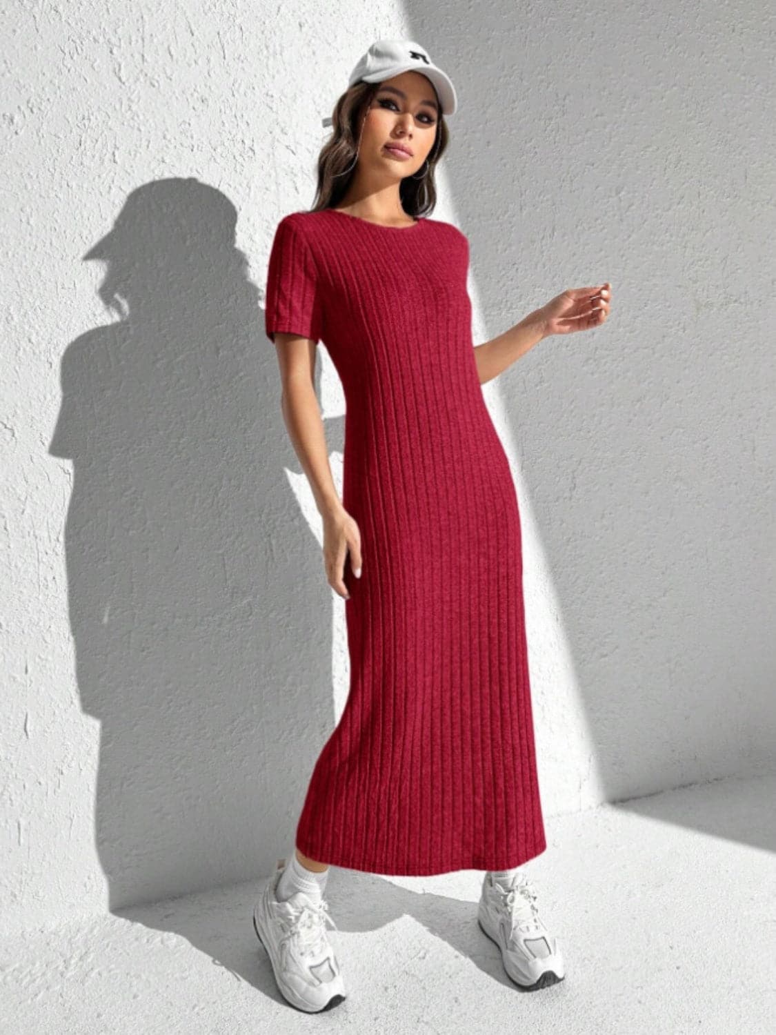 Slit Round Neck Short Sleeve Sweater Dress.