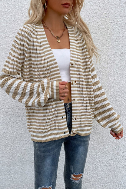 Striped V-Neck Button-Down Cardigan.