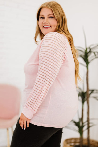 Plus Size Sheer Striped Sleeve V-Neck Top.