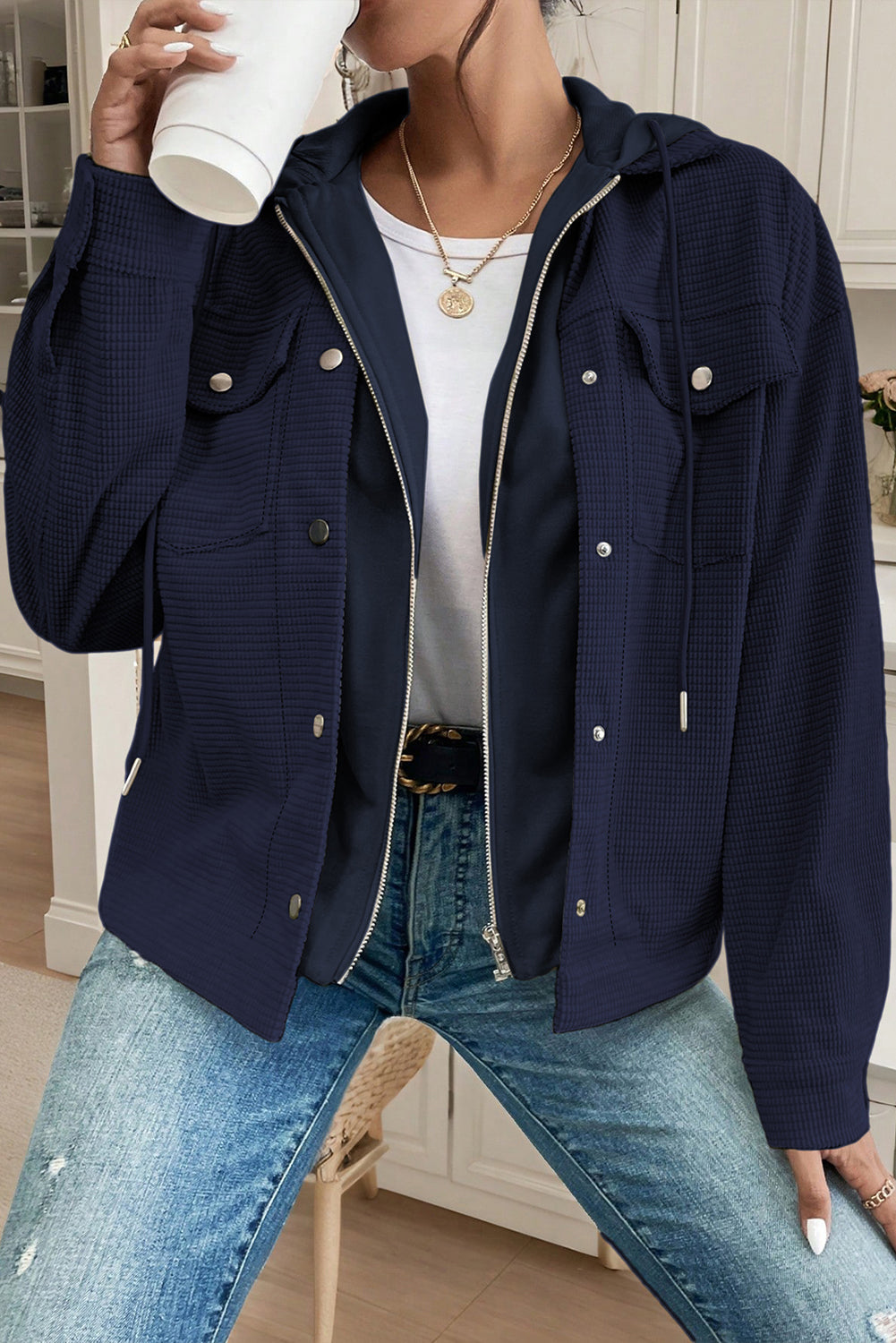 Sail Blue 2 In 1 Thermal Knit Textured Hooded Jacket For Men And Women All Weather Outdoor Outerwear Dear-Lover Dropshipping