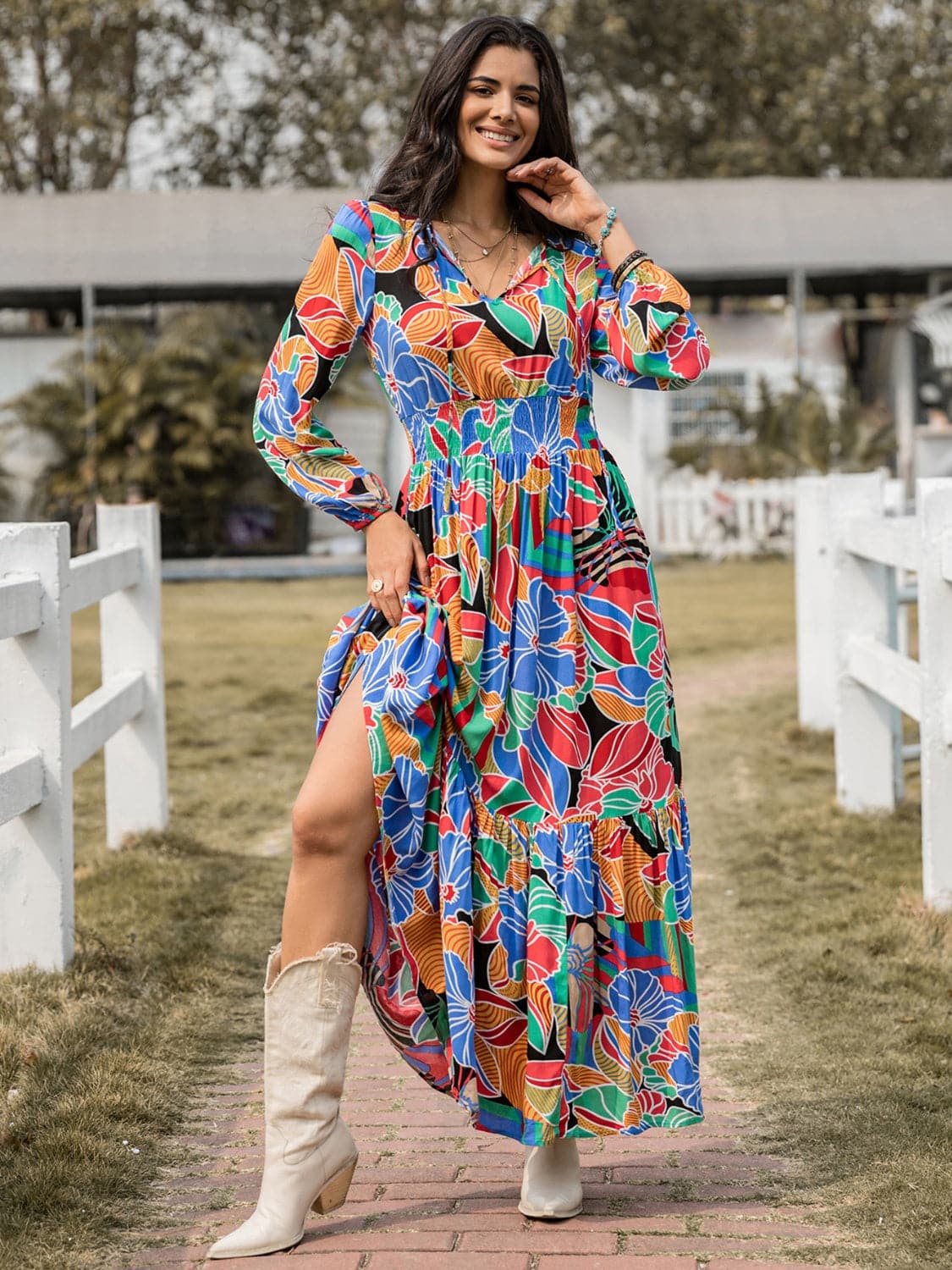 Printed Smocked Tie Neck Balloon Sleeve Maxi Dress.