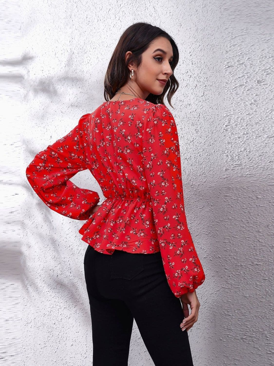 Ruched Printed V-Neck Long Sleeve Blouse.