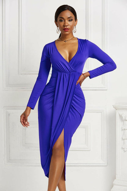 High-low Ruched Surplice Long Sleeve Dress.