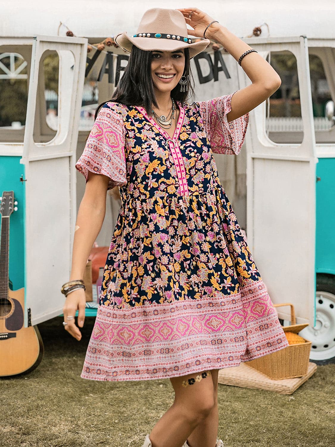 Printed V-Neck Short Sleeve Dress.