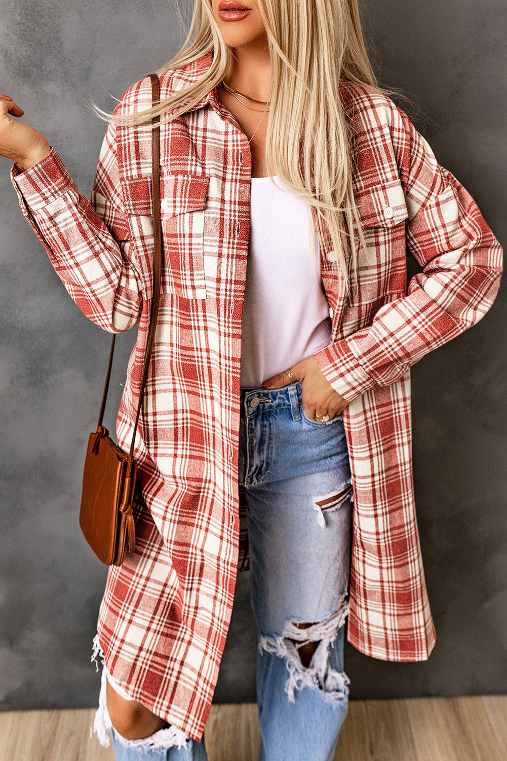 Chic plaid long shacket in fiery red