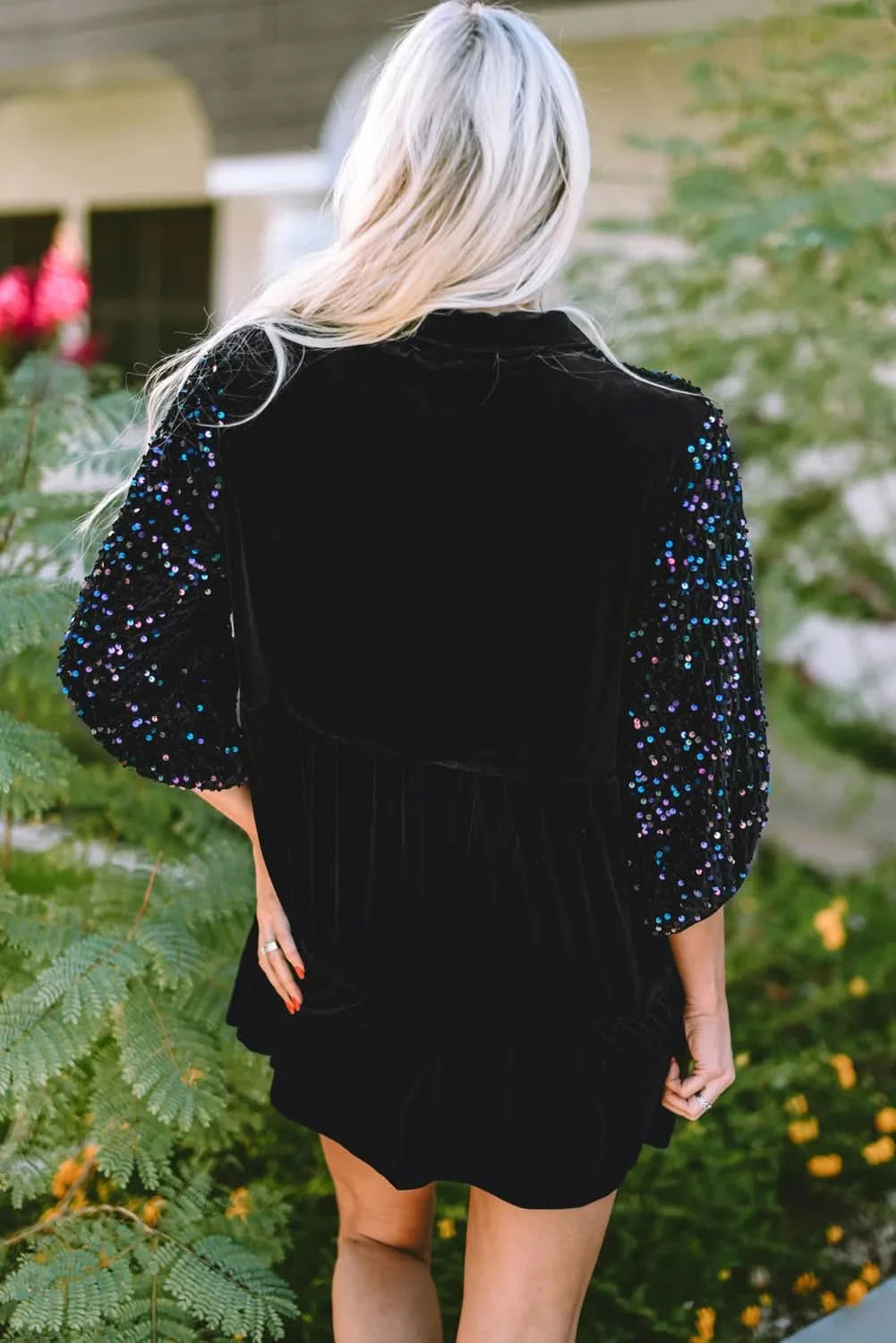 Sequin embellished collared oversized shirt with three-quarter sleeves