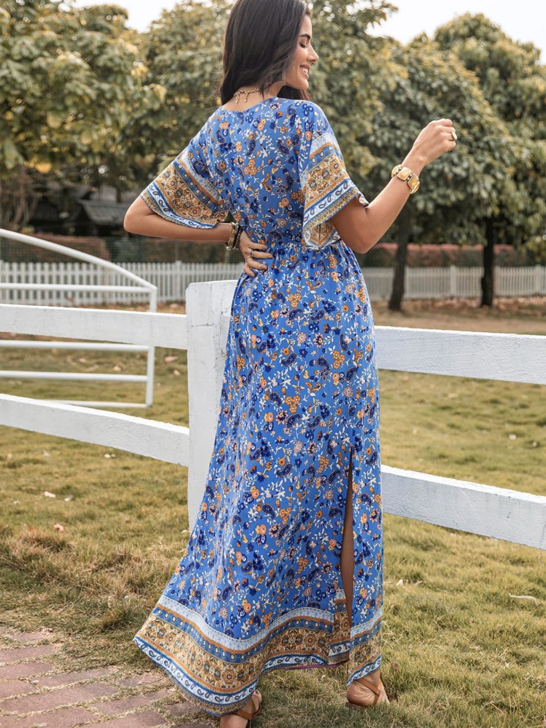 Slit Printed V-Neck Half Sleeve Maxi Dress.