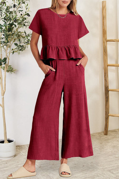 Peplum Round Neck Short Sleeve Top and Pants Set.