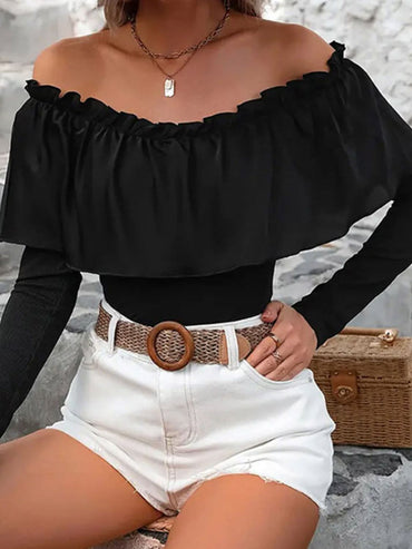 Ruffled Sheer Off-Shoulder Blouse with Long Sleeves