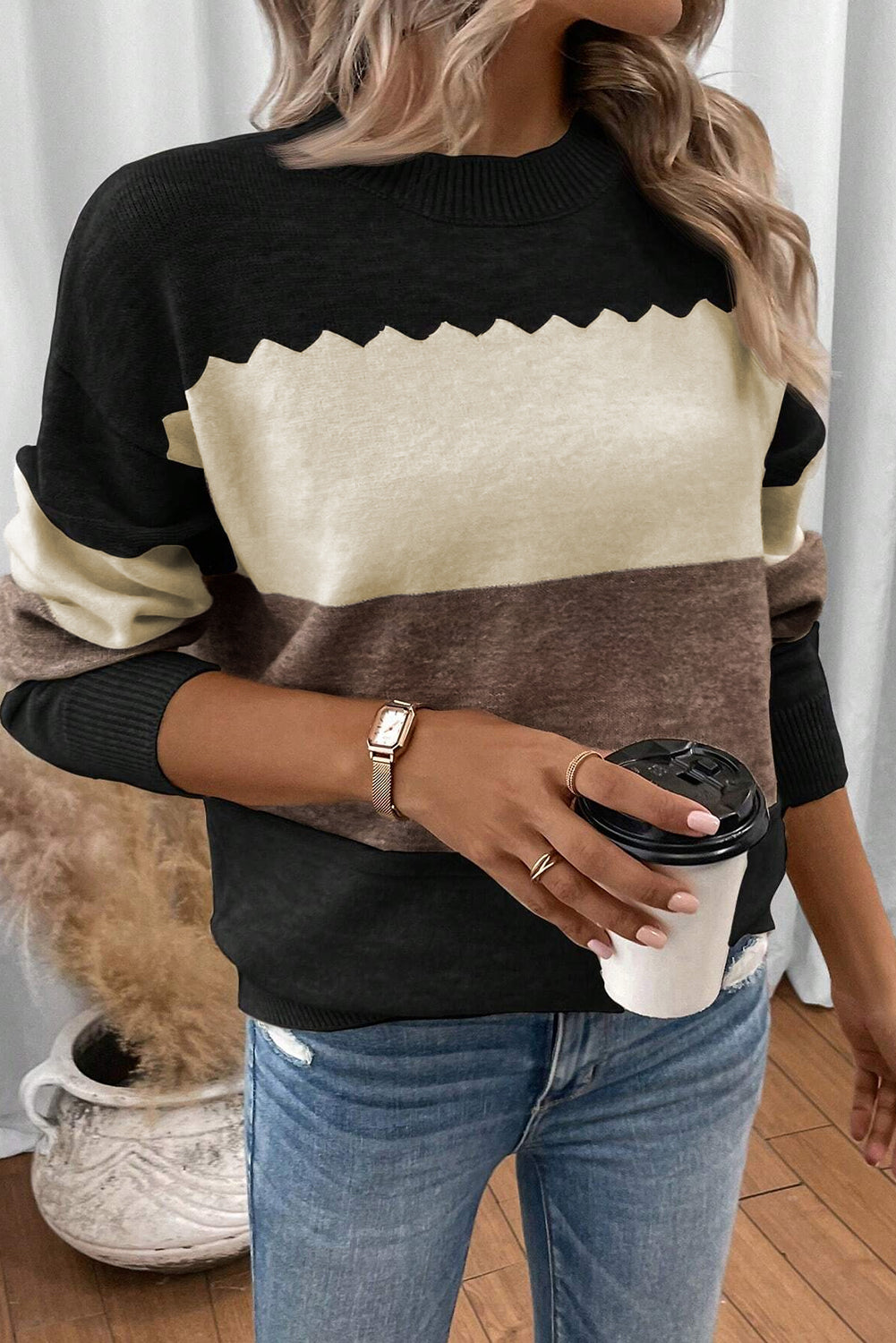 Black Colorblock Crew Neck Drop Shoulder Sweater Relaxed Fit